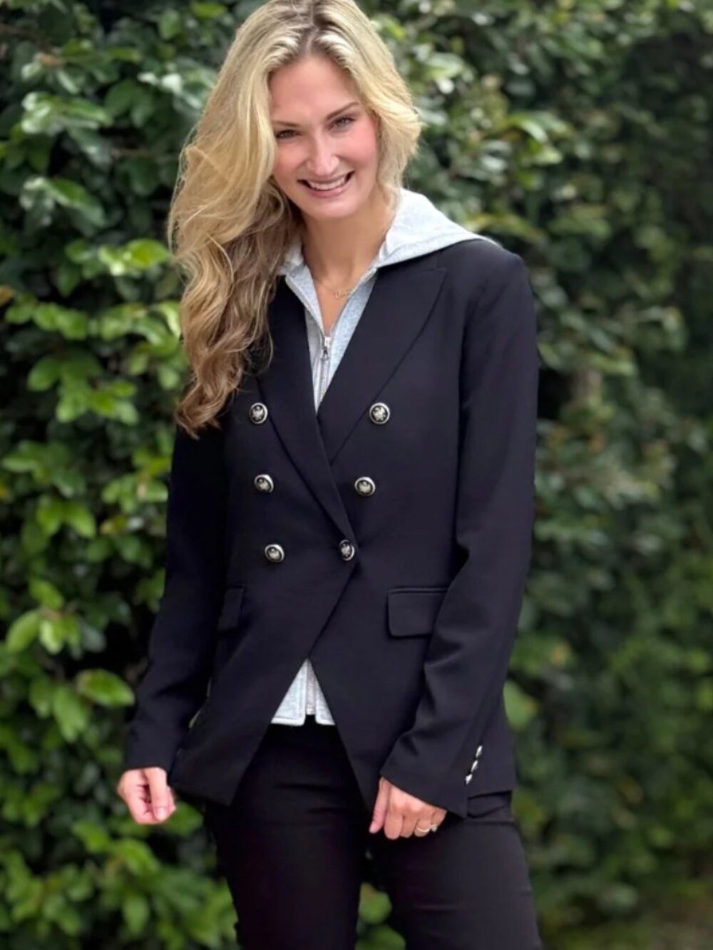 Renuar Stretch Knit Convertible Double Breasted Button Blazer Detachable Hood, 6